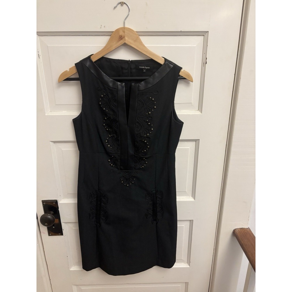 Nanette Lepore Black Sleeveless Sheath Dress‎ Leather Trim Beaded Lined Size 2